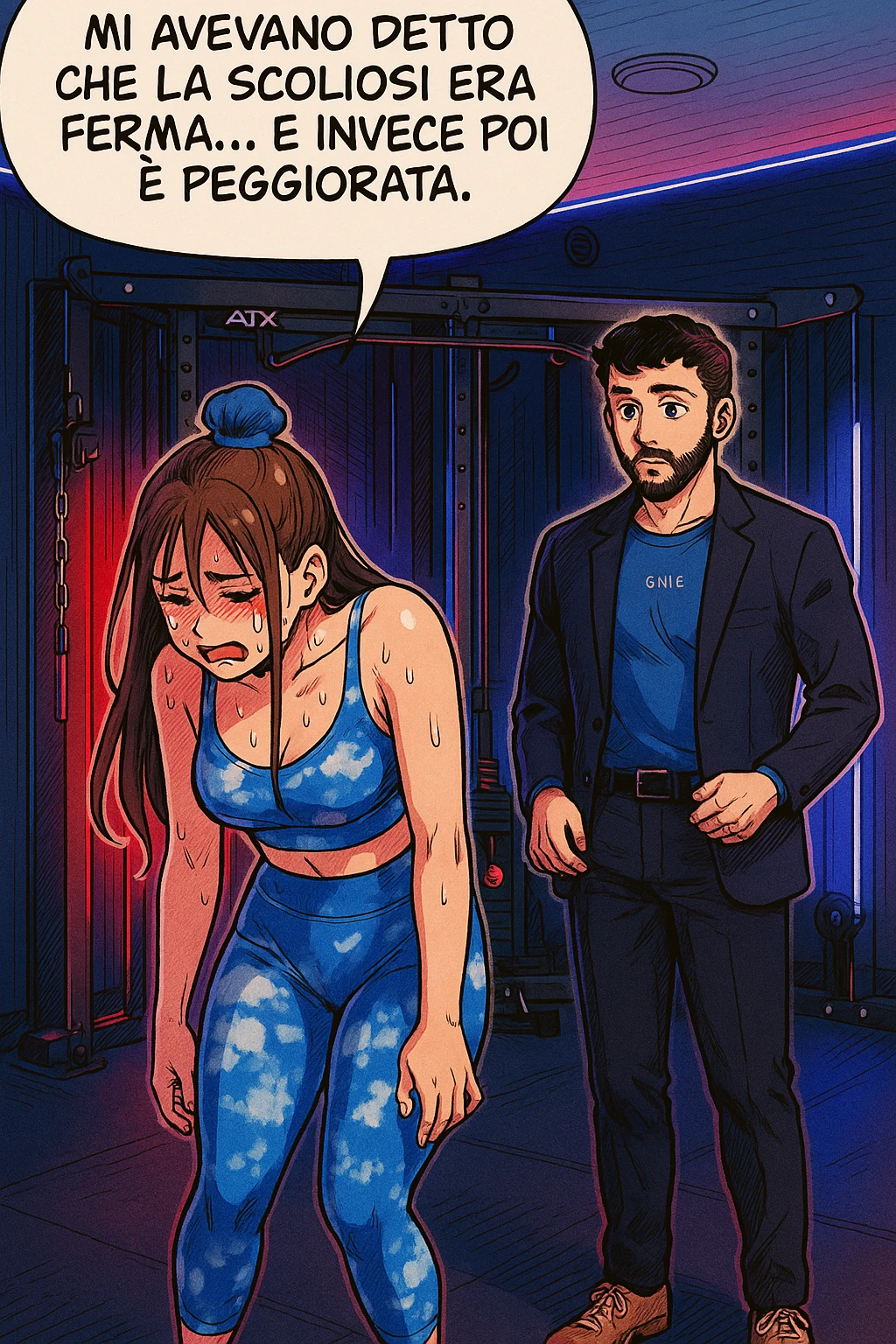 fai questa immagine in versione fumetto/manga/webtoon a colori, il manga mostra la donna disperata con un fumetto sulla testa che dice:
Mi avevano detto che la scoliosi era ferma… e invece poi è peggiorata.
 emoji