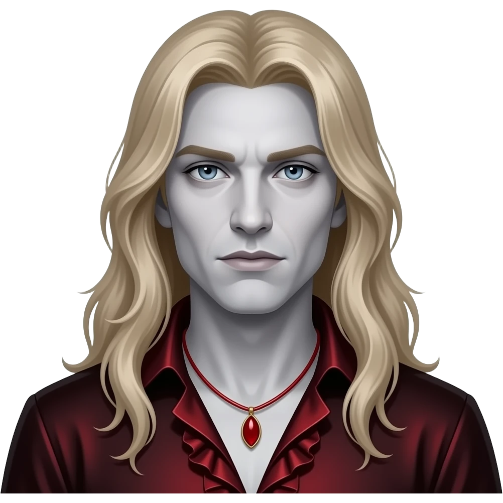 Lestat from The Vampire Chronicles with pale-grey skin, grey-blue eyes, long blonde hair, dark red metallic ruffle shirt, red necklace emoji