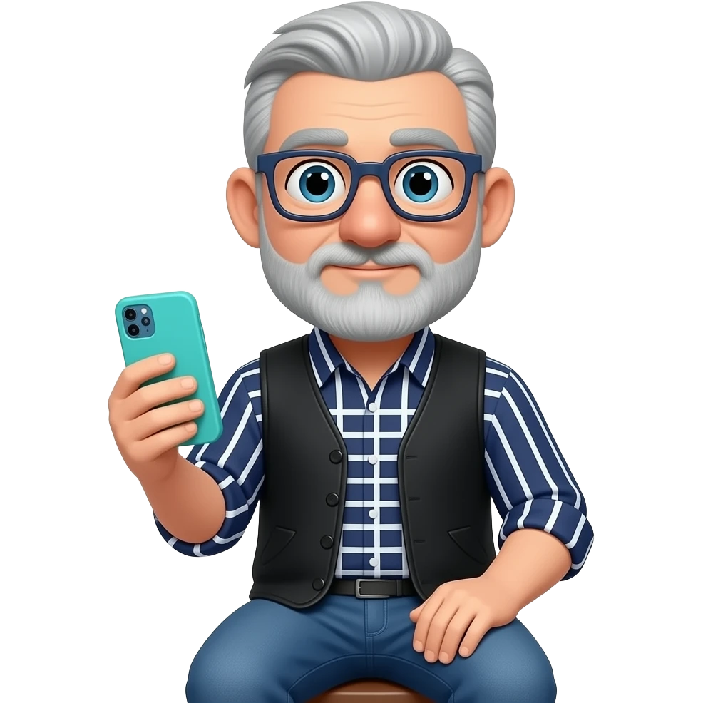 Señor sentado orejas grandes gafas cuadradas azul oscuras nariz grande y un poco de barba gris clara y poco pelo canoso Está con un teléfono móvil de funda turquesa y una camisa azul marino con líneas blancas verticales y horizontales encima un jersey sin mangas negro y vaqueros azules. emoji