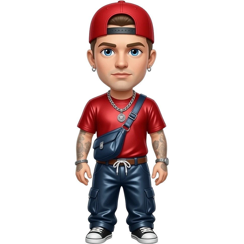 Fred Durst with blue eyes, brown short buzz hair, red cap, red metallic t-shirt, dark blue metallic baggy pants, silver necklace and earrings emoji