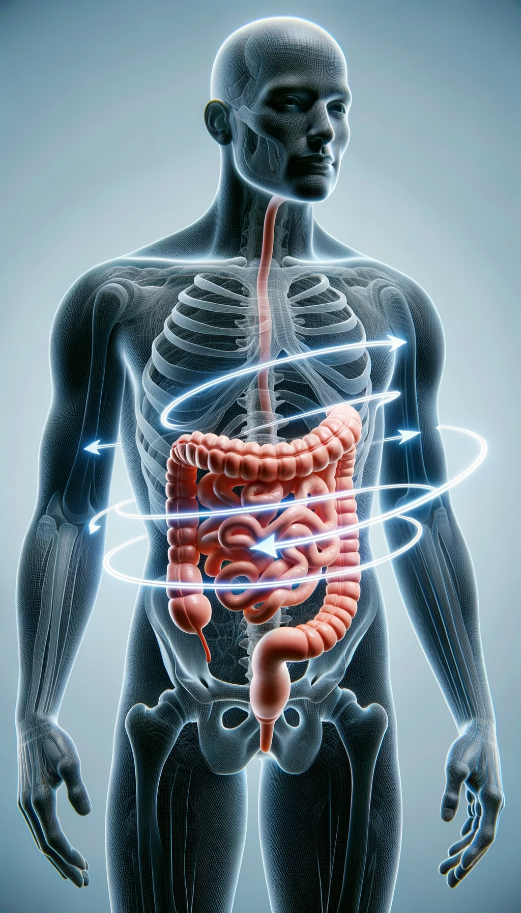 corpo umano anatomico con intestino umano anatomico con frecce 3d che gli girano intorno, sfondo chiaro, iperrealistico 4k emoji