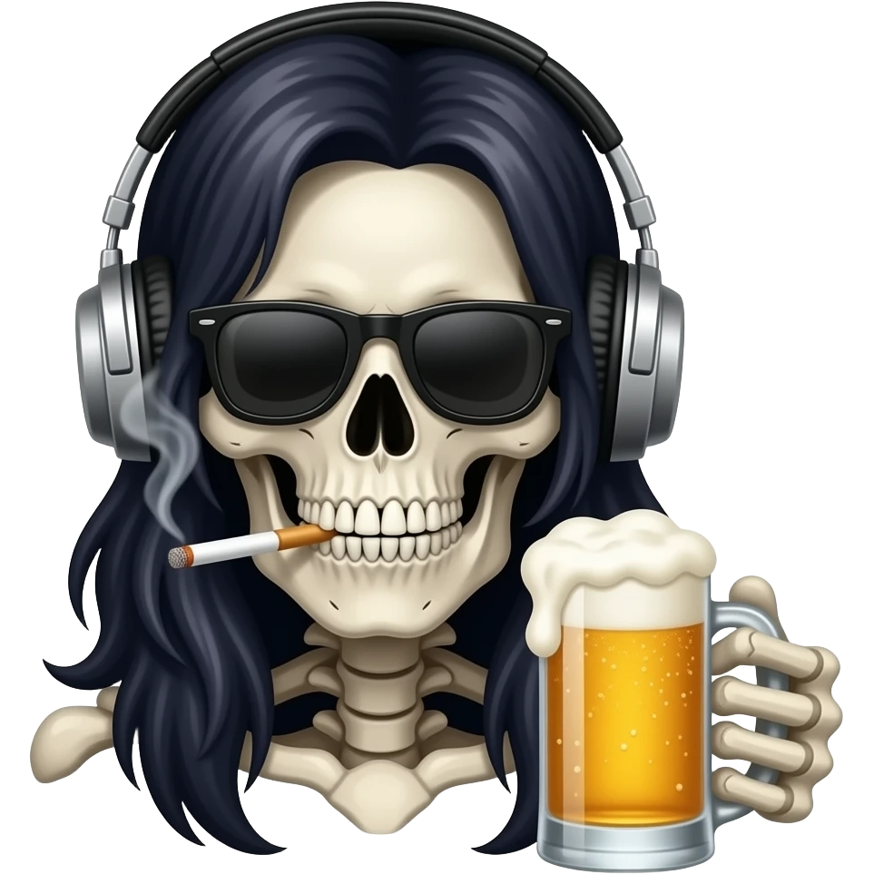 Skull with dark long hair and headphones and sunglasses smoking a cigarette and drinking a beer emoji