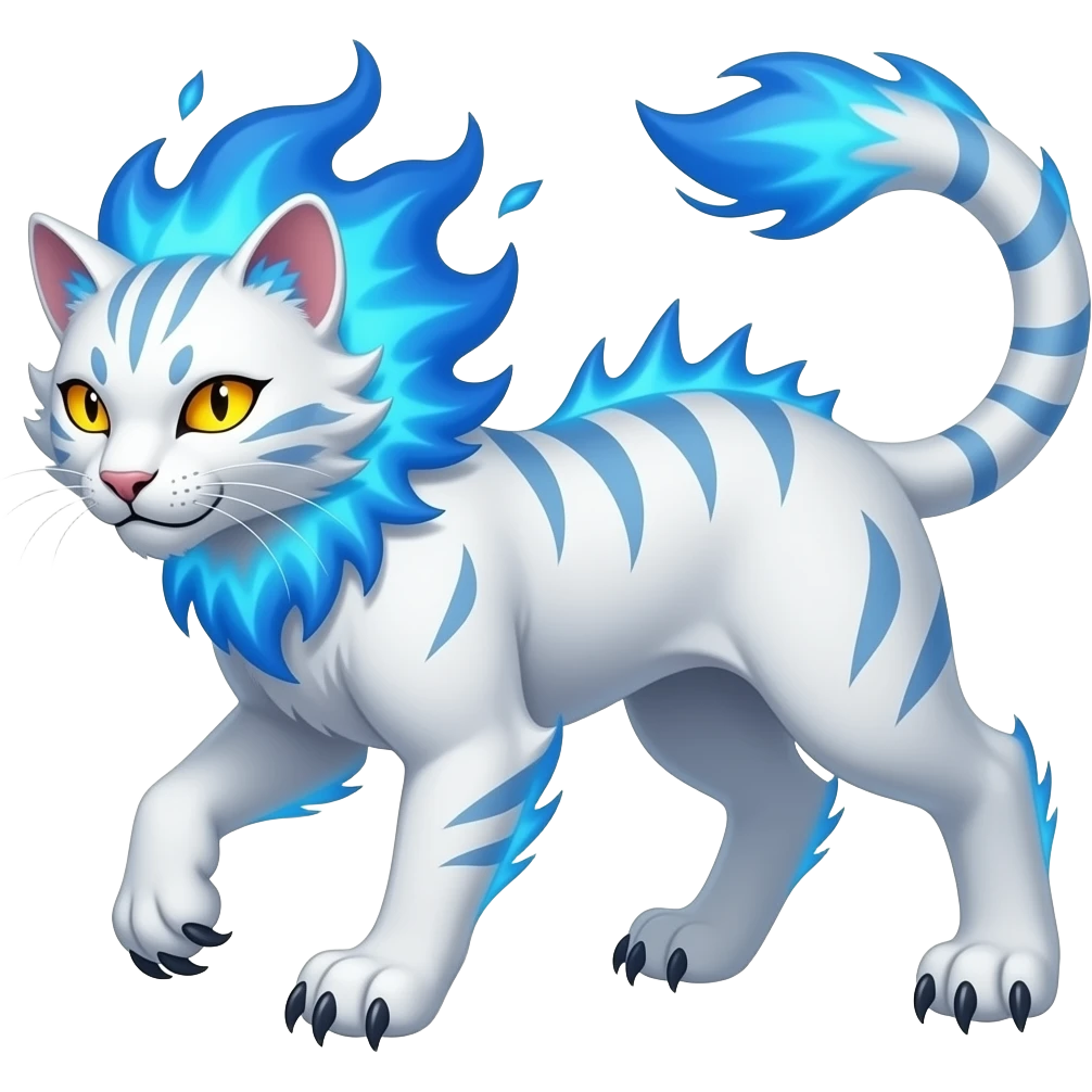 A sleek white feline with a mane of living blue fire, long claws, blue lava spikes on its back, blue lava stripes, and yellow flaming eyes that glow in darkness. It is proud, fast, and fiercely territorial. emoji