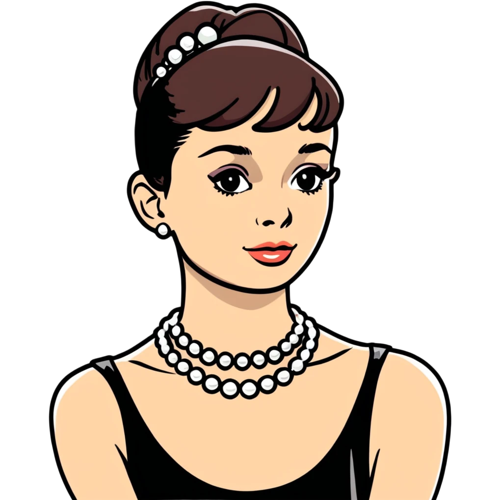 Audrey Hepburn glamorous portrait with iconic black dress and pearl necklace emoji