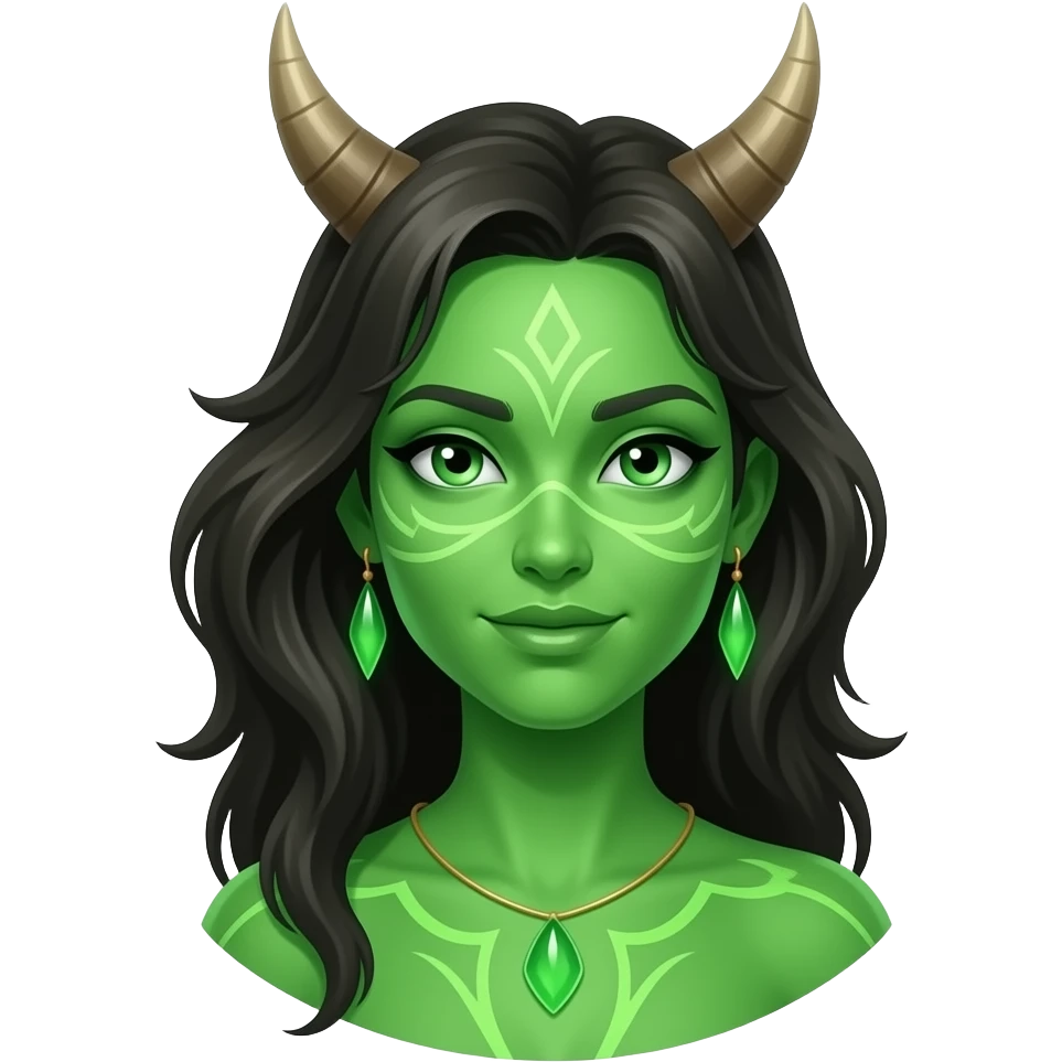 llustrate a Pandora-style female avatar with radiant green skin, intricate facial markings, twin emoji