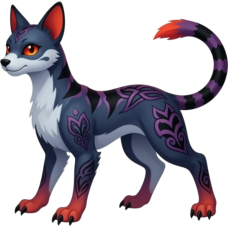 Rare warm-colored exotic gloomy tropical edgy cute epic aesthetic spooky indigo purple white black red gothic colorful Salandit-Furret-Espurr-Meowstic-Civet-species-Fakemon-hybrid-creature, with tribal tattoo markings, full body emoji
