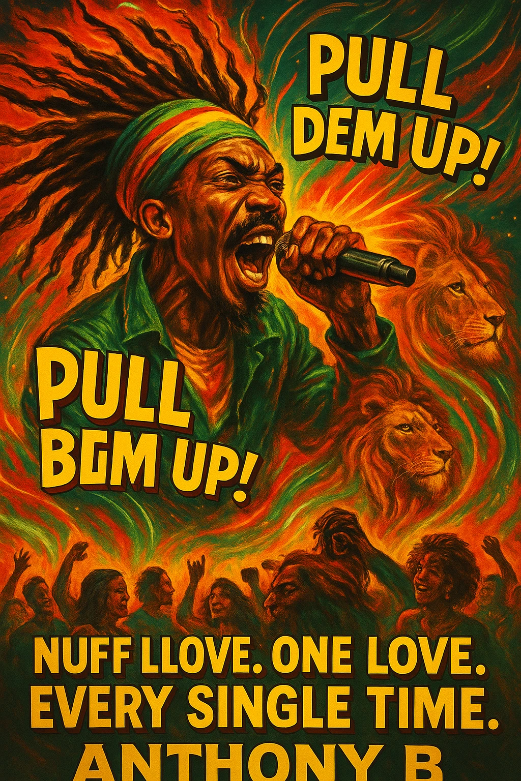 A vibrant reggae-inspired poster scene featuring Anthony B in full performance energy — dreadlocks flying, mic in hand, mid shout, pulling up the riddim. The background is a glowing fusion of red, gold, and green flames with lion imagery and subtle cosmic light trails. Around him, the words “Pull Dem Up! Big Dem Up!” explode like soundwaves. Below, a crowd of diverse viewers is shown. In bold text across the bottom: “Nuff Love. One Love. Every Single Time.” emoji