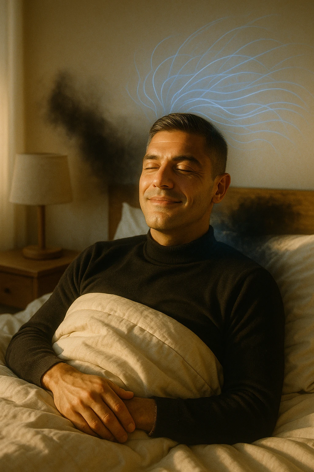 A cinematic image of a man in his mid-30s lying in bed, just waking up from deep sleep. His expression is calm and visibly transformed — a sense of inner peace, relief and subtle joy on his face. Soft morning light enters the room, casting gentle golden tones over his features. His eyes sono ancora semi chiusi, ma il viso è disteso, come se un grande peso fosse stato rilasciato durante la notte. Accanto a lui, simbolicamente sfocato, un’ombra o un alone scuro si dissolve, rappresentando il malessere notturno superato. Intorno alla sua testa, leggere onde di luce azzurra o bianca simboleggiano l’attività cerebrale rigenerativa della fase REM. La camera è ordinata, minimalista, con materiali naturali. L’atmosfera è serena, rigenerativa, intima. Shot in 35mm film style, high realism, shallow depth of field, warm highlights and clean shadows. emoji