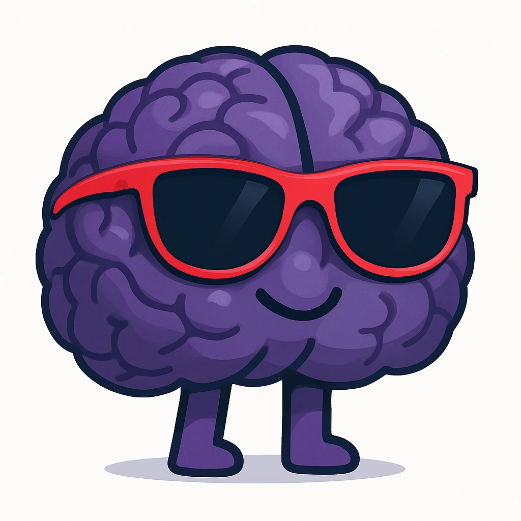 Combine the 3D emoji brain with black sunglasses and the vibrant toon style brain with black sunglasses into one emoji. Use a white background. Keep the cool black sunglasses and vibrant colors from the vibrant toon style, blending the 3D emoji brain's shape with the vibrant toon style's color vibrancy and style. emoji