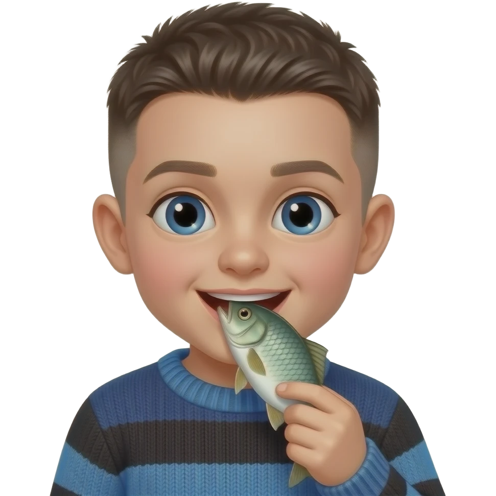 a kid with a blue and black sweater on biting a fishes head he has a buzzed haircut emoji