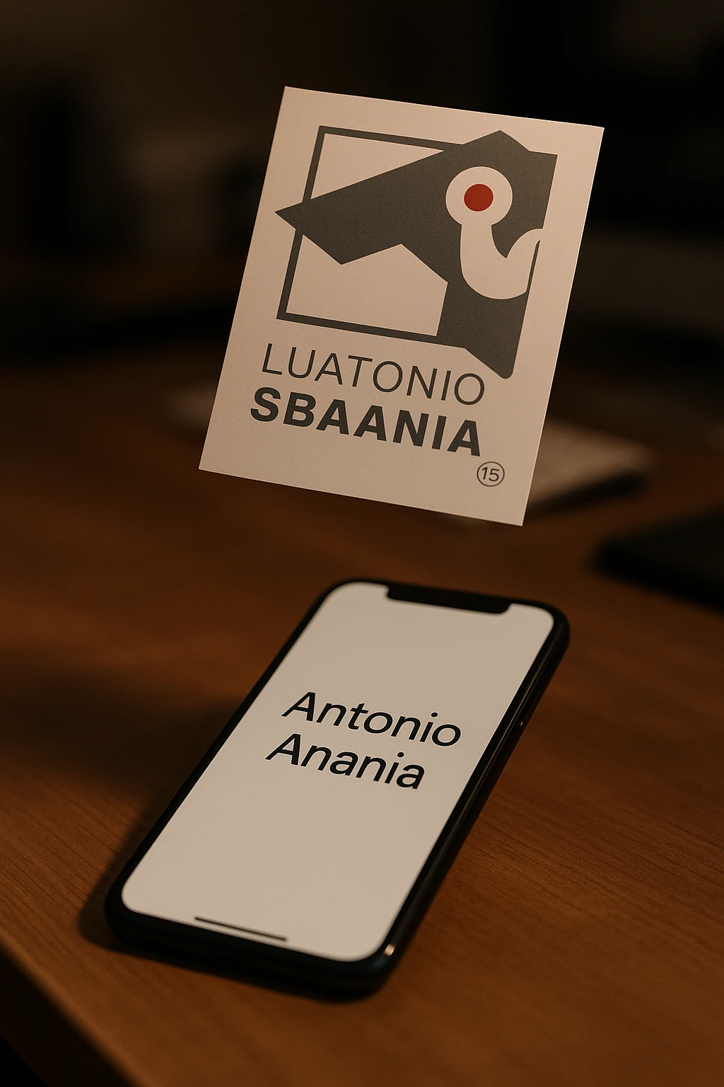 A photo of an iPhone with the message "Antonio Anania" on its screen, hovering over it is another document floating in mid-air, both surrounded by soft light and shadow. The phone sits atop a desk with a blurred background that suggests work environment. A faint glow from above casts gentle shadows across the surface of each object, creating depth and highlighting their textures. emoji