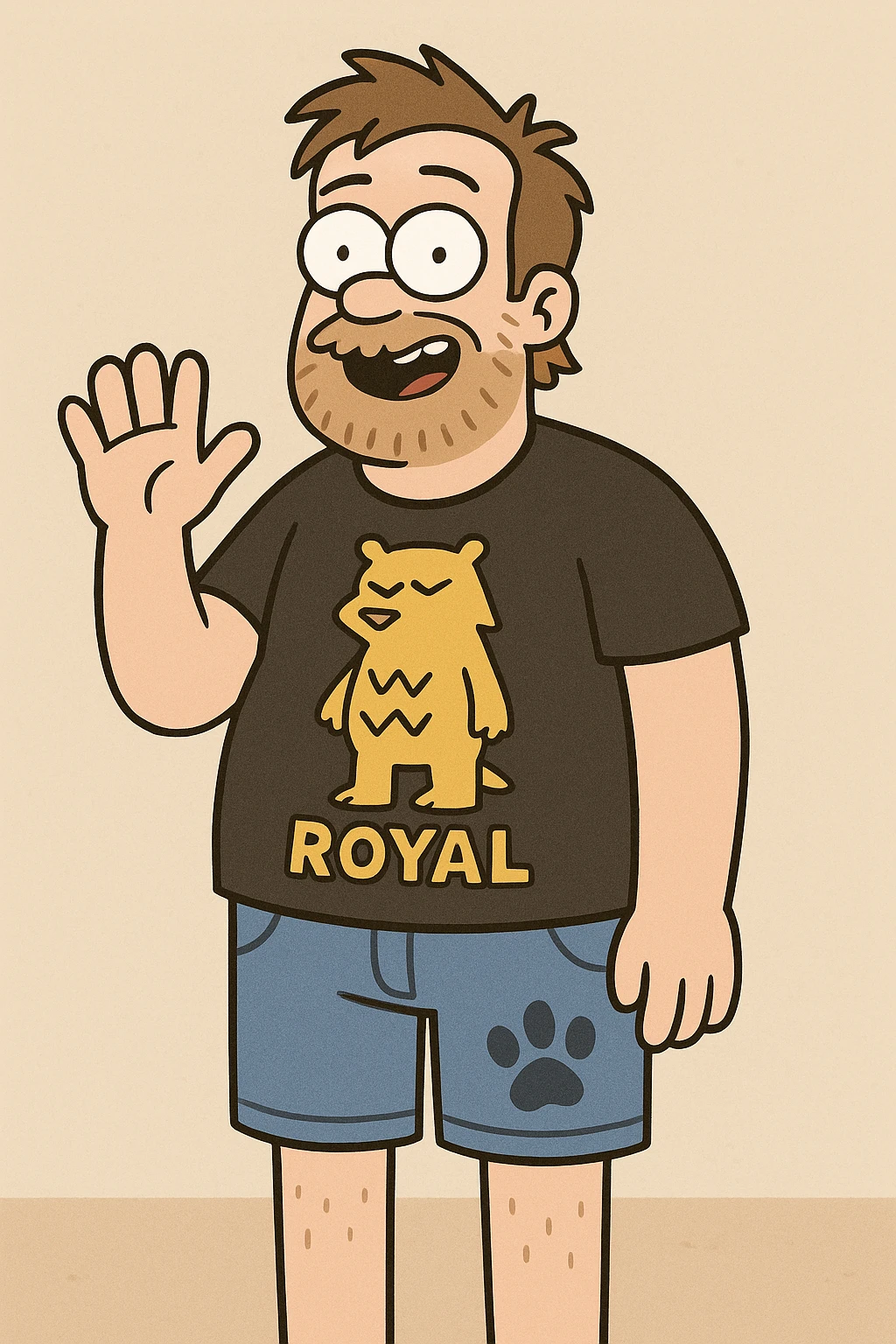 A man zigzag bears Royal t-shirt blue dogs paw jeans 🩳 a hand say hello emoji