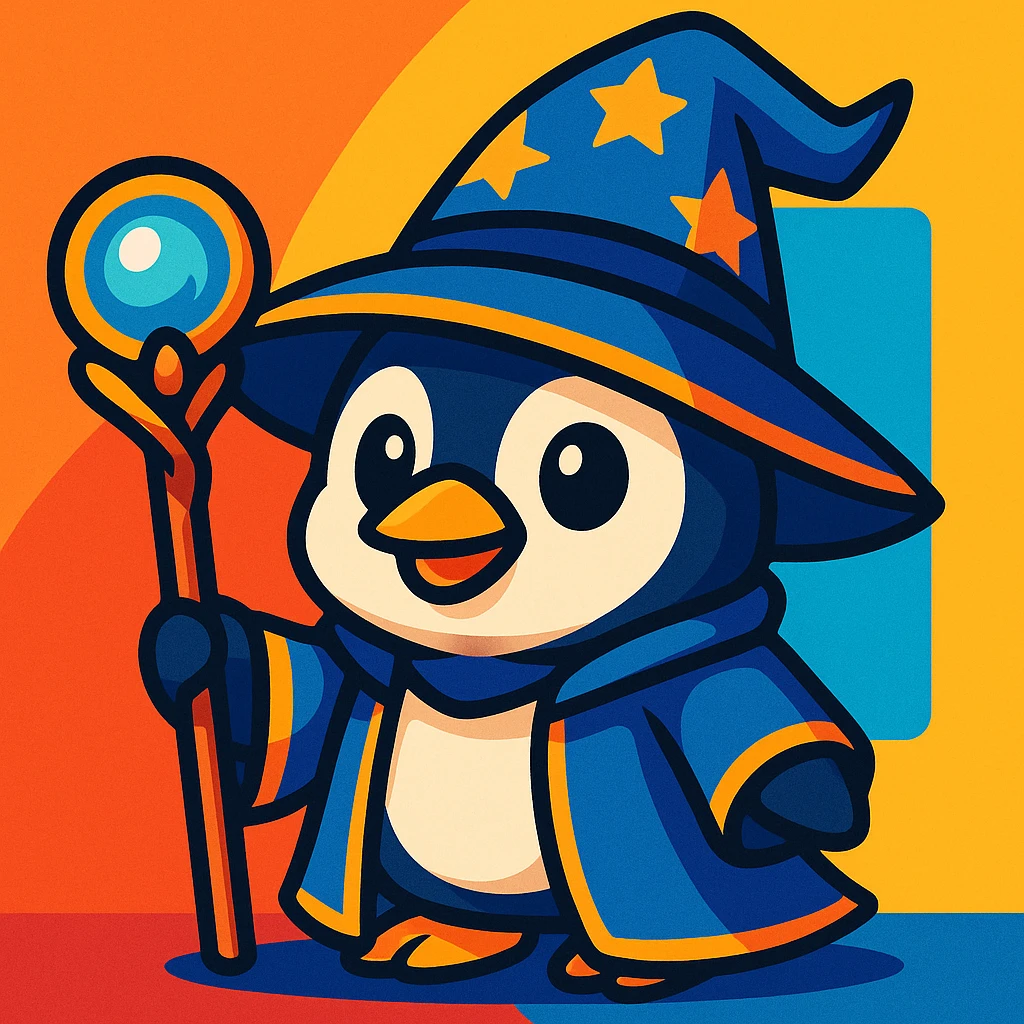 cute penguin dressed as a wizard, with a pointed hat and a magic staff, vibrant cartoon style emoji