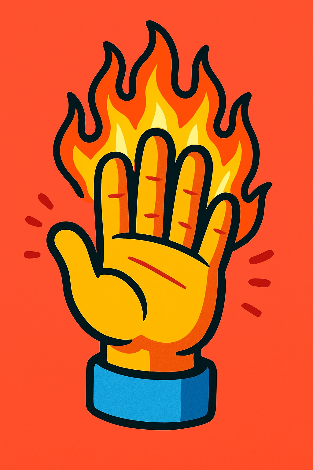 cartoon hand with flaming fingers, waving gesture, bold colors, no text emoji