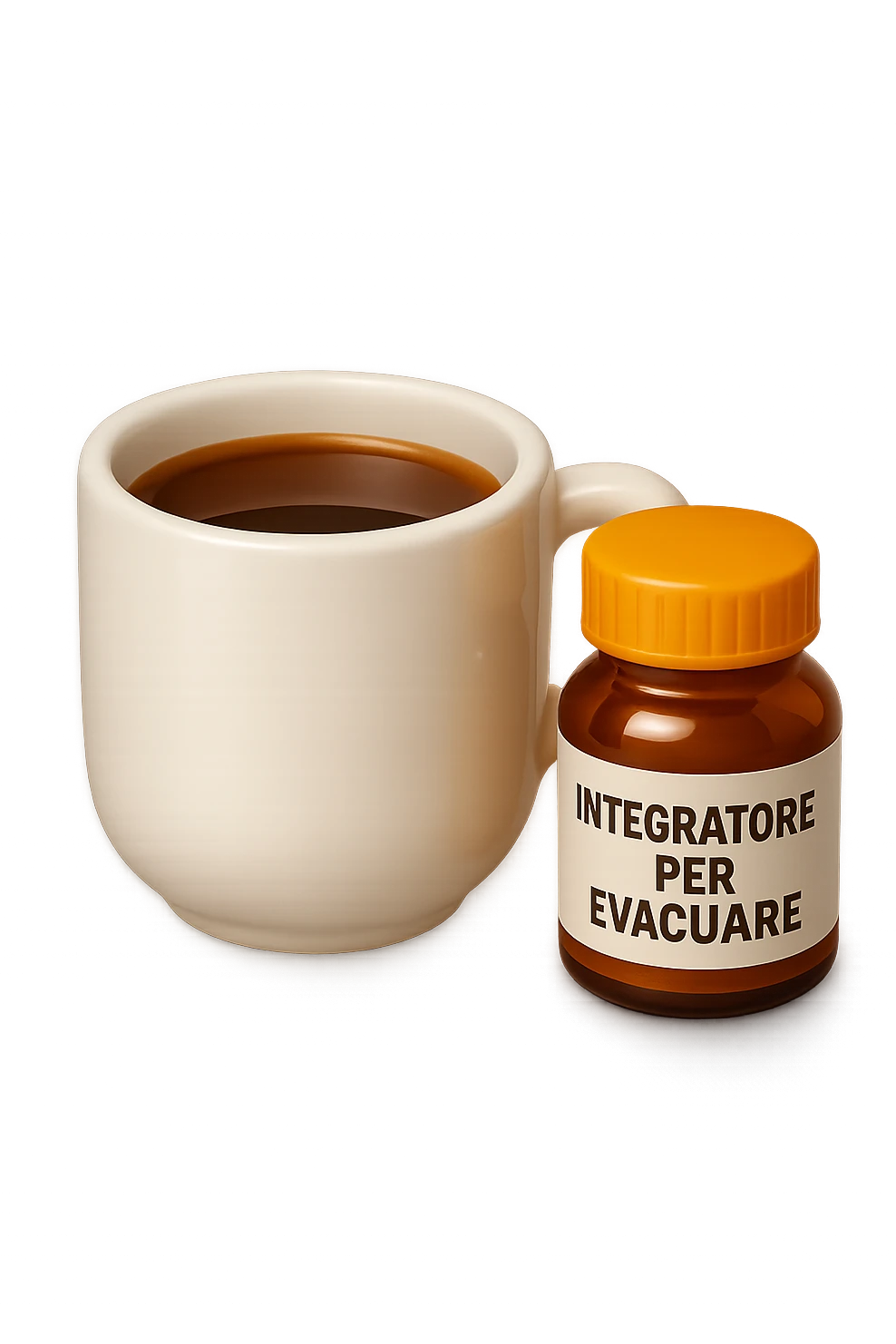 EMOJI STILE IPHONE 3D DI un caffè e di una boccetta di integratore con la scritta "INTEGRATORE PER EVACUARE" SULL'ETICHETTA, iperrealistico 4k emoji