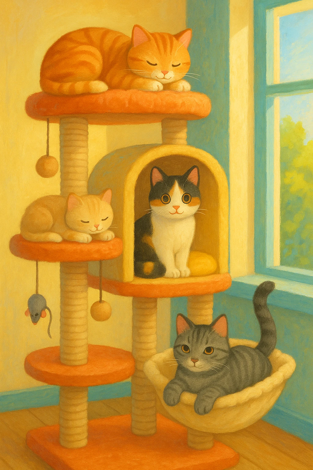 cats relaxing in a vertical playhouse emoji