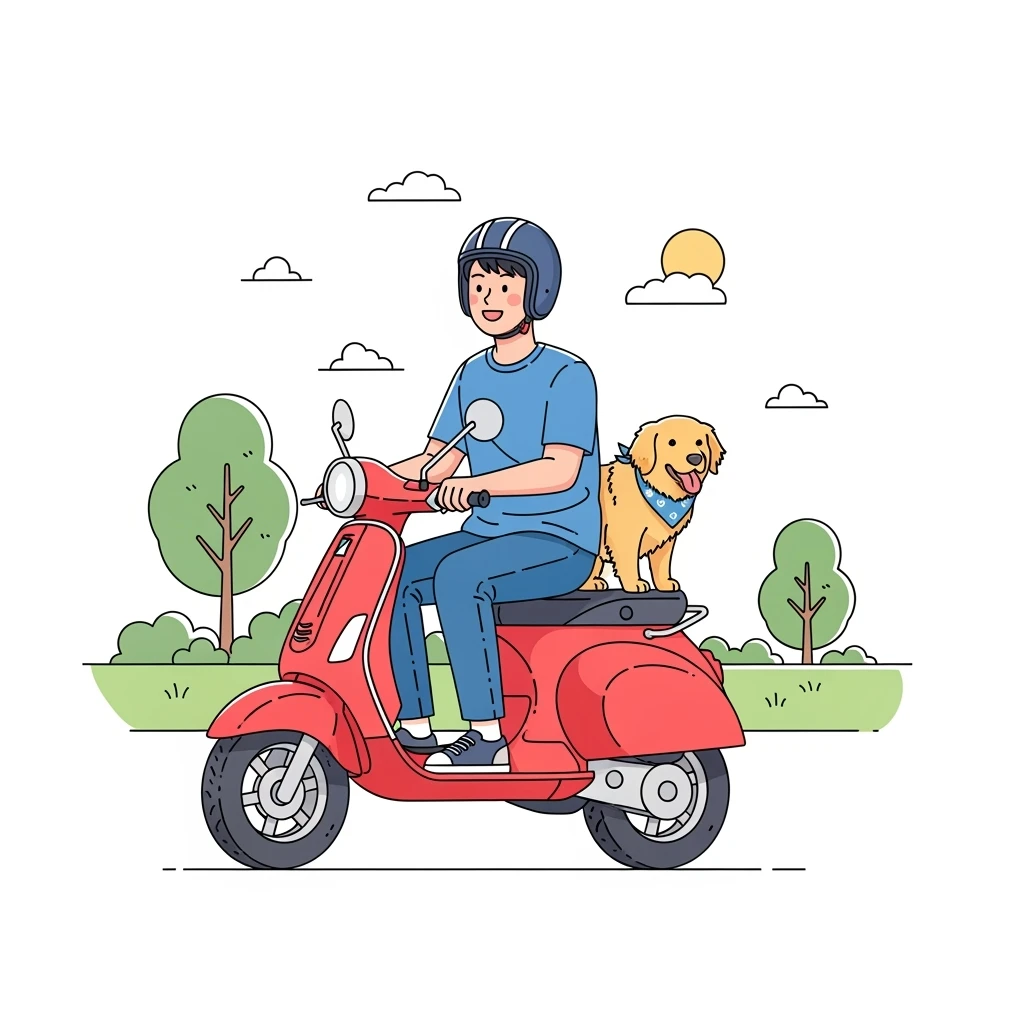 color vector art with thin outline of man and pet dog riding a scooter emoji