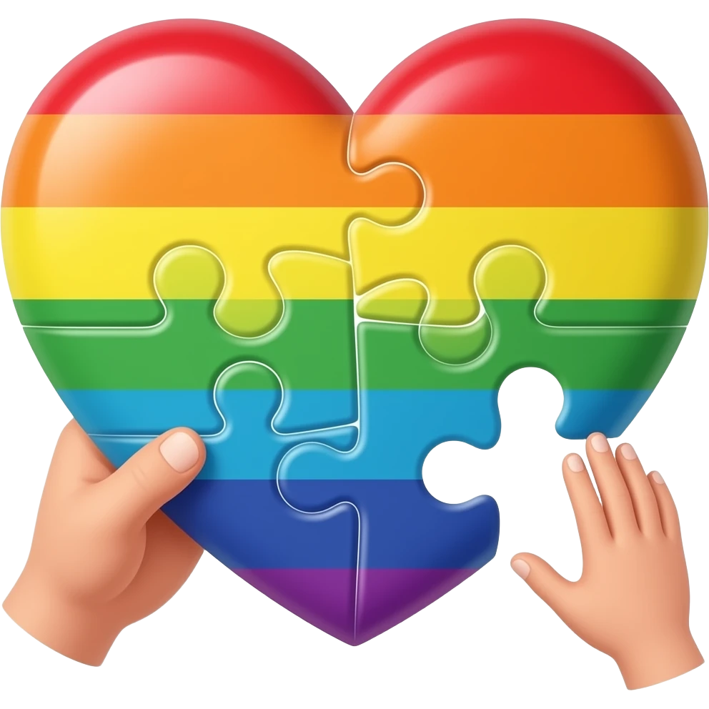 <heart rainbow puzzle with one piece in adult hand and one children hand making the puzzle emoji