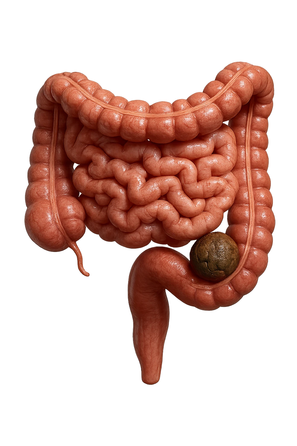 intestino umano anatomico con feci a palline bloccate nel colon, stipsi, iperrealistico 4k emoji