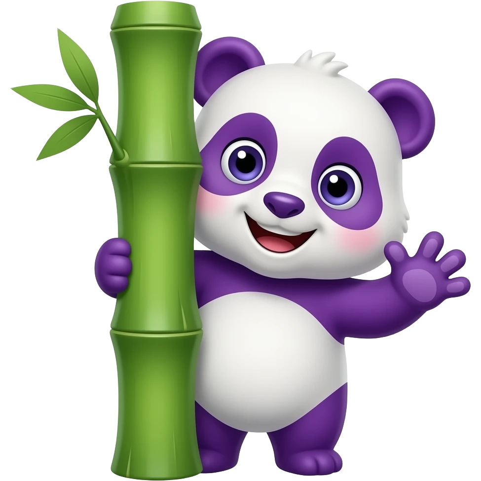 A purple panda mascot peeking out from behind a thick bamboo stalk, waving one paw. Wide, friendly eyes, vibrant contrast between the purple fur and green bamboo, thick outlines, 2D flat design, professional emoji style. emoji