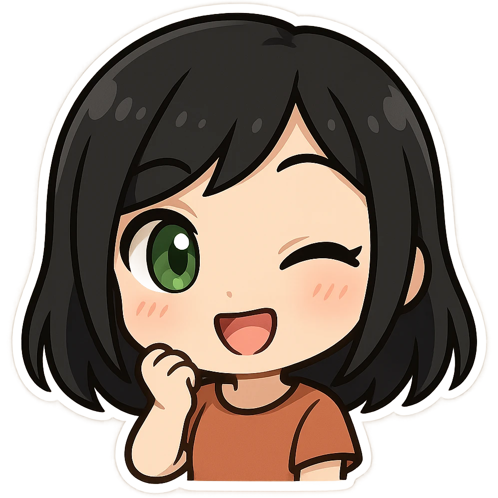 girl with black hair and green eyes, winking, twitch emote style emoji