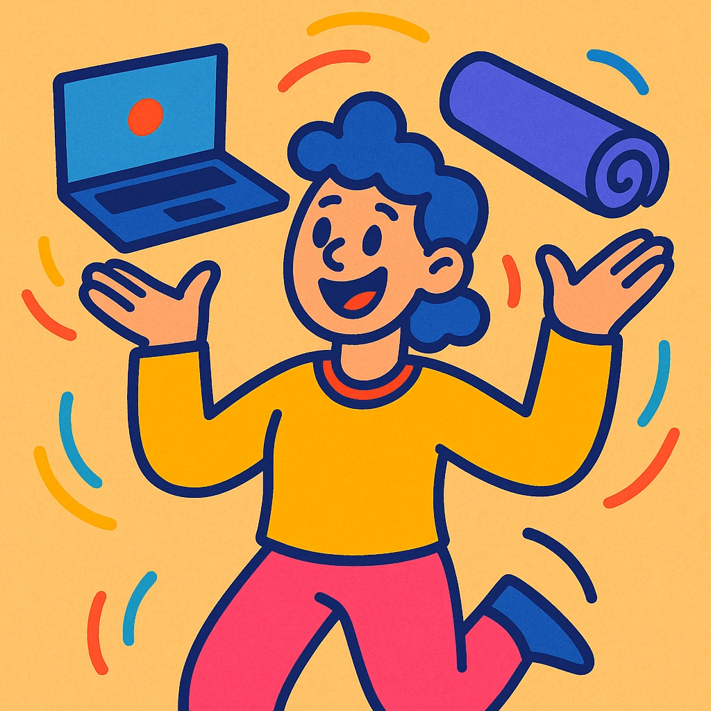colorful friendly cartoon style of a person juggling a laptop and a yoga mat representing work-life balance emoji