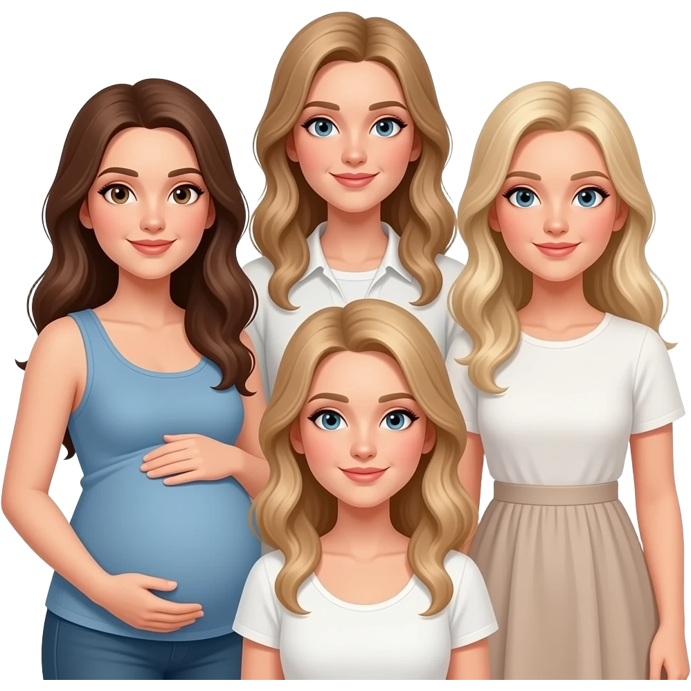 5 Caucasian women with long hair: 1 brunette whose pregnant, 1 dirty blonde tall, 1 dirty blonde, 1 blonde: emoji
