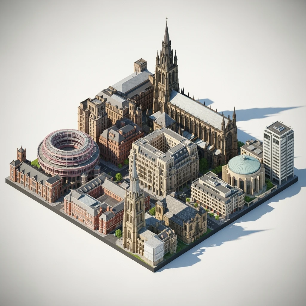 Isometric illustration-model of Birmingham with photorealistic main attractions, balanced between stylized and realistic, 3D miniature effect, transparent background. emoji