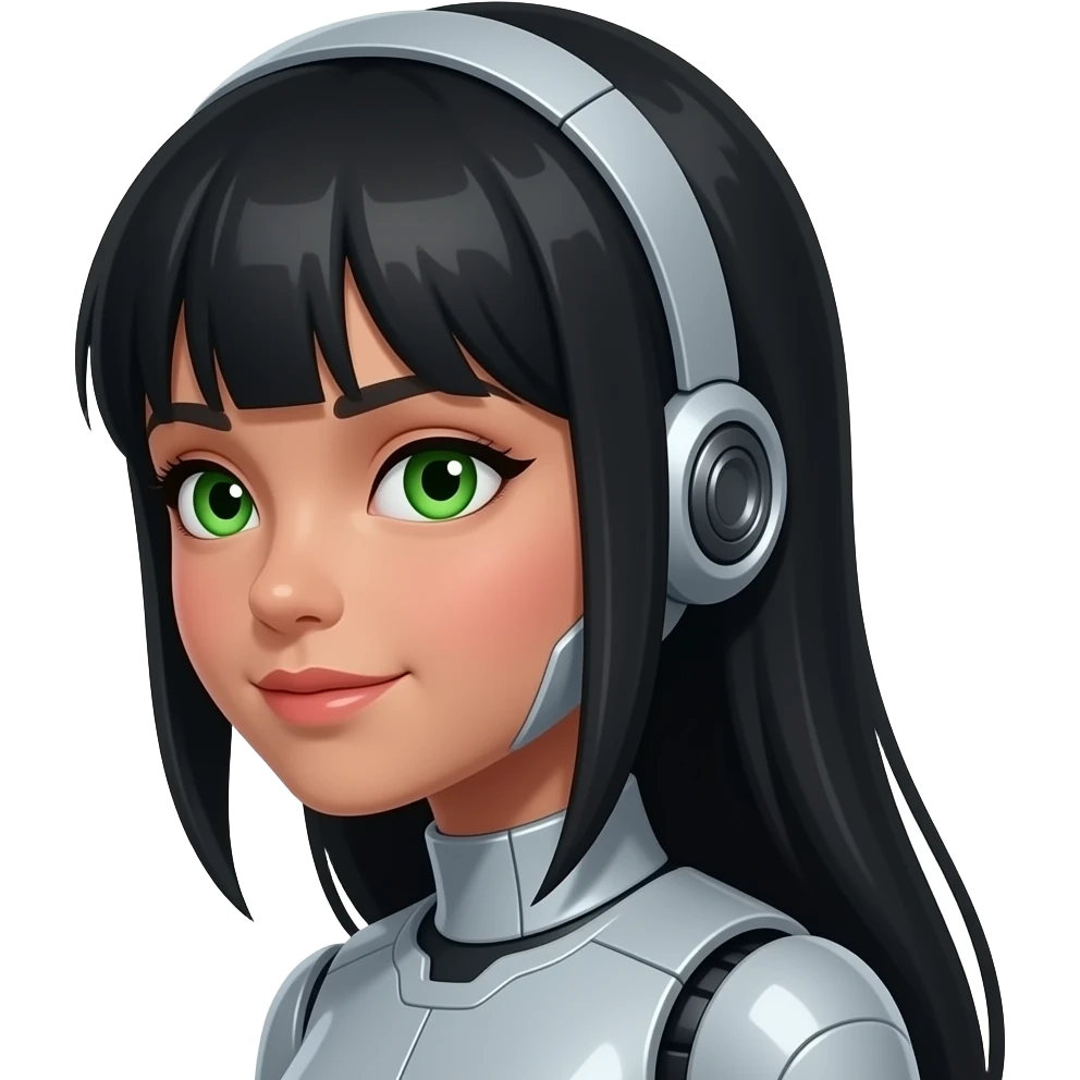very pretty robot girl with green eyes and long black hair that cover her ears redish cheecks and high heekbones with bangs with a longer face and olive skin  face should be turned to the side, emoji
