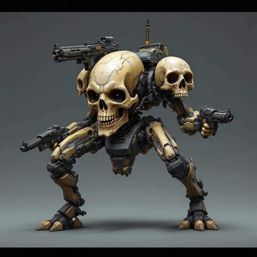 Add more weapons and another set of arms to the skull tank. Keep the four original arms and add two more, all with guns. No legs, ribcage and spine connect directly to a tank chassis, rushing into battle, intimidating, in Flux Pro style. emoji