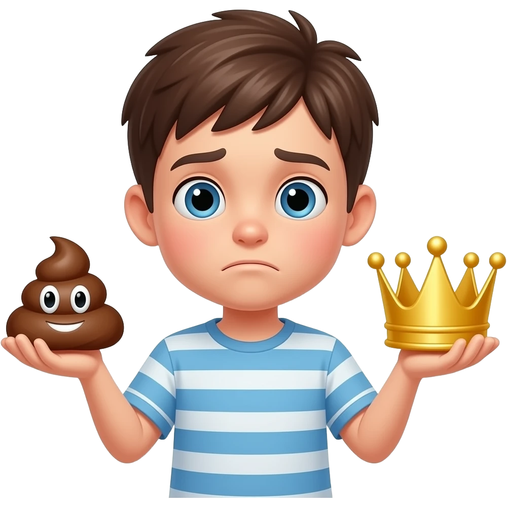 MAKE AN EMOJI AN BOY IN ONE HAND POOP IN ONE HAND CROWN . AND THINING WHICH ON ESHOULD HIM CHOOSE AND CONFUSING. emoji