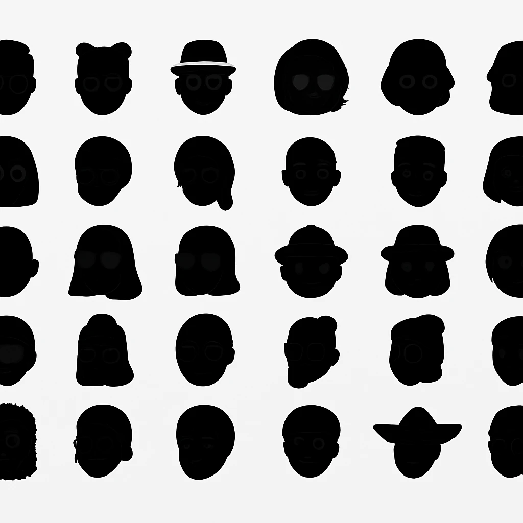 Redesign memoji into black matte monochrome avatars, leaving only the silhouettes of the sculptures. White Background emoji