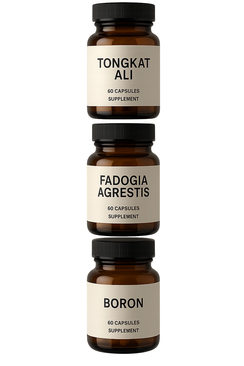 4 boccette di integratore: Tongkat Ali, Fadogia Agrestis, Boron e Zinco fluttuano in aria verticalmente emoji