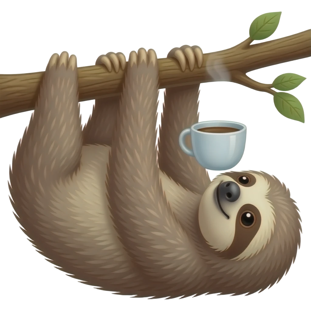 sloth drink coffee on the tree upside down hanging from a tree emoji