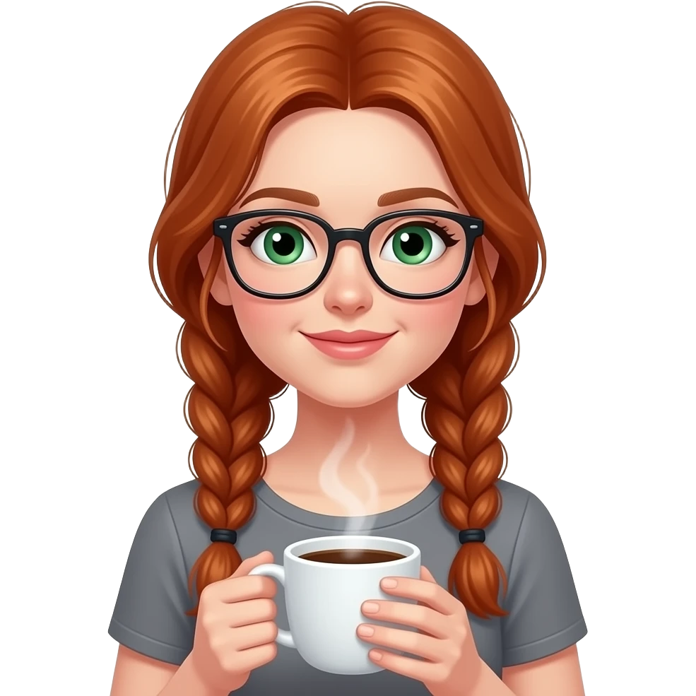 A redhead girl with long braided hair, green eyes, and narrow rimmed glasses wearing a gray top and a cup of coffee emoji