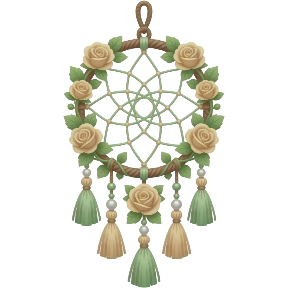 Hippie-like Cute dainty neat Pastel Green-white-brownish-beige-gradients thread-rope-hanging dreamcatcher, pastel colors, whitish, light, green academia aesthetic, mossy, with green vines and beige roses, Cottagecore, Princesscore, shiny glistening, vintage, pearls, tassels emoji