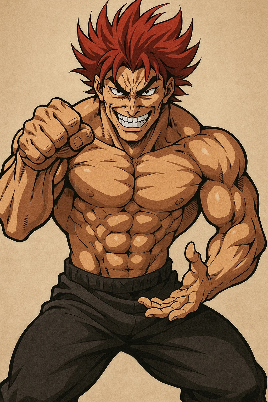 Yujiro Hanma, muscular anime character with red spiky hair, menacing grin, martial arts pose, style 3 emoji