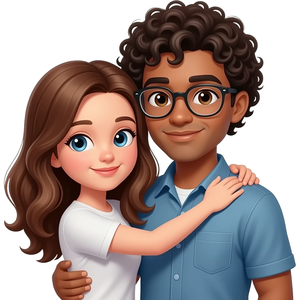 white girl with brown hair hugging brown guy with glasses and curly hair emoji
