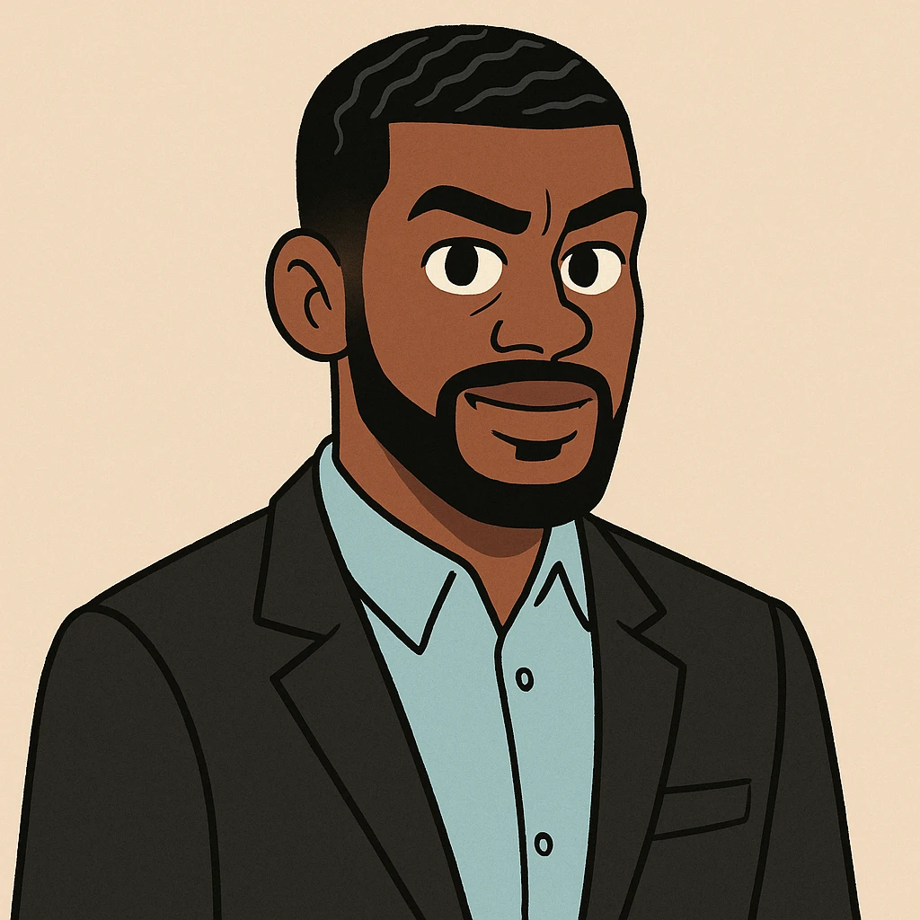 male Afro-American with sharp haircut and waves, wearing black suit and light blue shirt, flat toon style emoji
