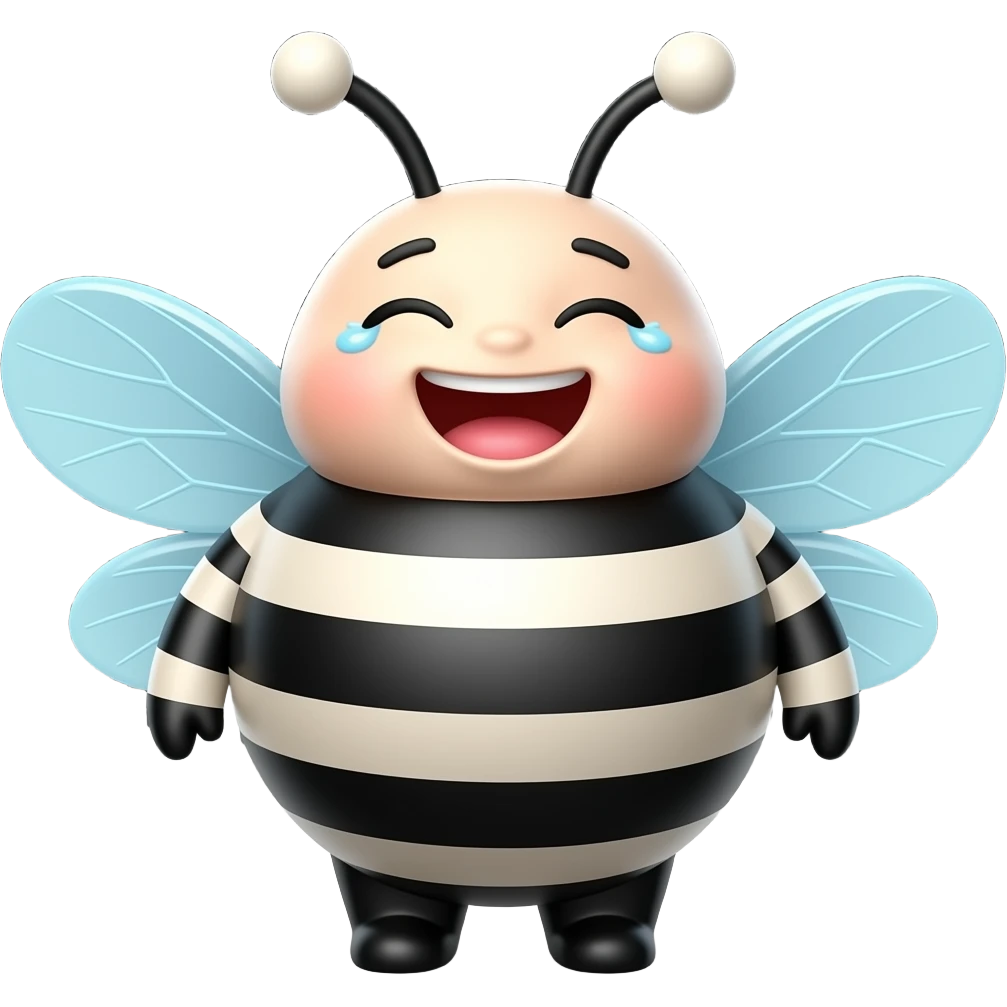3D cartoon bee emoji, rounded chubby body, black and white stripes, eyes closed laughing, tears of joy, big open smile, light blue transparent wings, black antennae with white round tips, smooth shiny surface, black background emoji