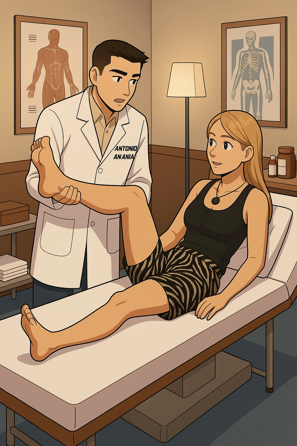fai un webtoon/manga a colori con questo kinesiologo in camice bianco (fagli la scritta "ANTONIO ANANIA" SUL CAMICE) CHE SVOLGE UN TEST NEUROMUSCOLARE SOLLEVANDO UNA GAMBA ALLA RAGAZZA CHE è STESA SU UN LETTINO BIANCO. STANZA SEMPLICE E MODERNA, DURANTE IL TEST I DUE DIALOGANO TRA LORO. NON FARE I FUMETTI, FAI SOLO LORO COME SE DIALOGASSERO emoji