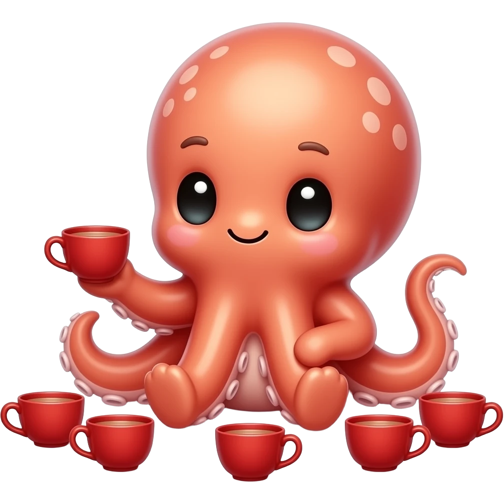 Cute octopus sitting low, holding red teacup in one tentacle while more cups surround it, front-facing whimsical pose emoji
