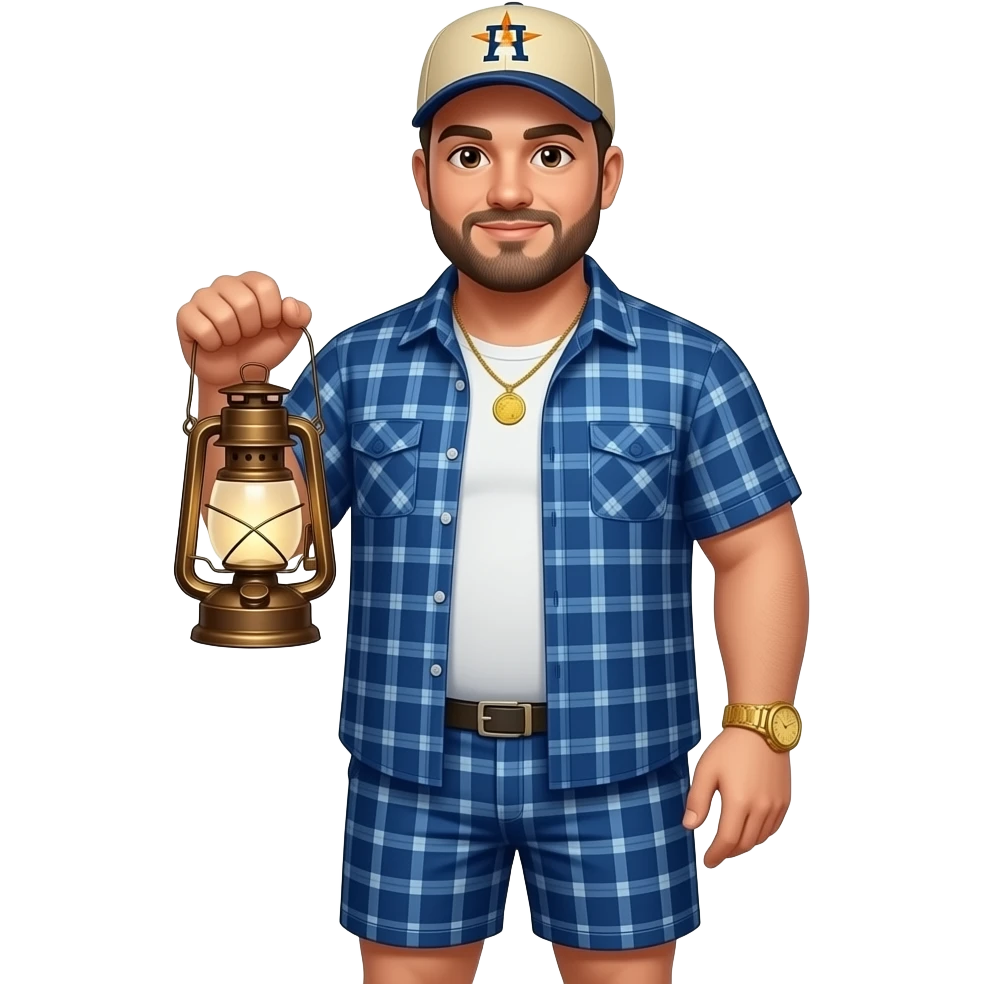 Chubby man with light honey skin tone with lightly shaved black beard and brown eyeswearing a blue button up short sleeve shirt with matching shorts with square pattern design wearing a beige Huston Astros logo baseball cap wearing a gold watch wearing a gold tennis necklace holding a oil lamp emoji