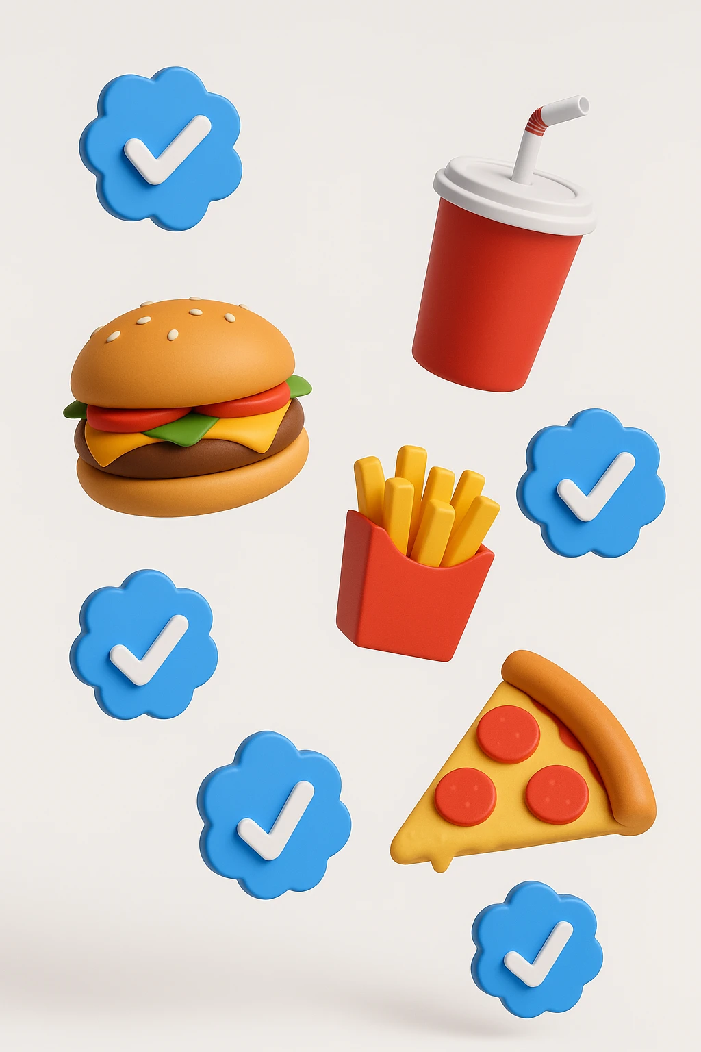 fast food fluttua in aria insieme a spunte di verificato in 3d, sfondo bianco emoji