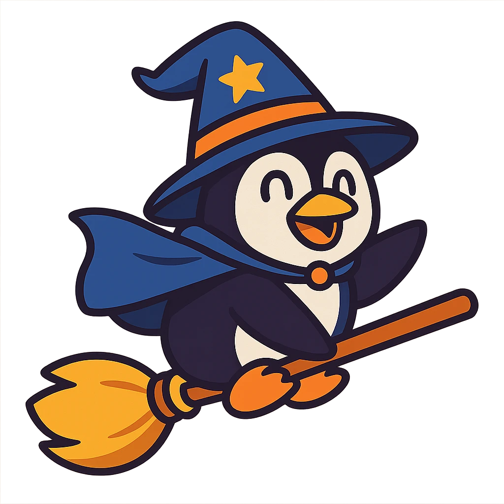 a cartoon penguin wizard flying on a broomstick, with a wizard hat and cape, cheerful and magical emoji