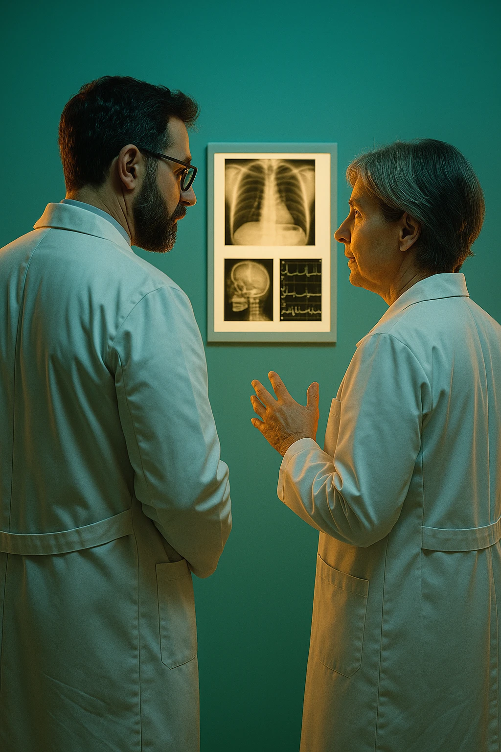 Realistic, detailed photo taken from behind of two doctors—a bearded man and a middle-aged woman—standing and facing each other as they discuss a diagnosis in front of a medical chart. The scene is illuminated by a yellowish, orange, warm light that softly envelops the doctors. The entire room is bathed in a single green-blue color, creating a cohesive and modern atmosphere. Both doctors wear white coats, and their body language suggests a serious, professional conversation. Shot with a Canon EOS R5, with high detail and natural depth of field. emoji