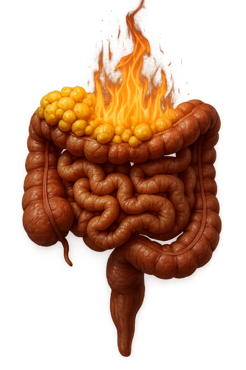 intestino umano con cellule gialle di grasso a grappoli attaccate sopra, con fiamma che brucia, iperrealistici 4k emoji