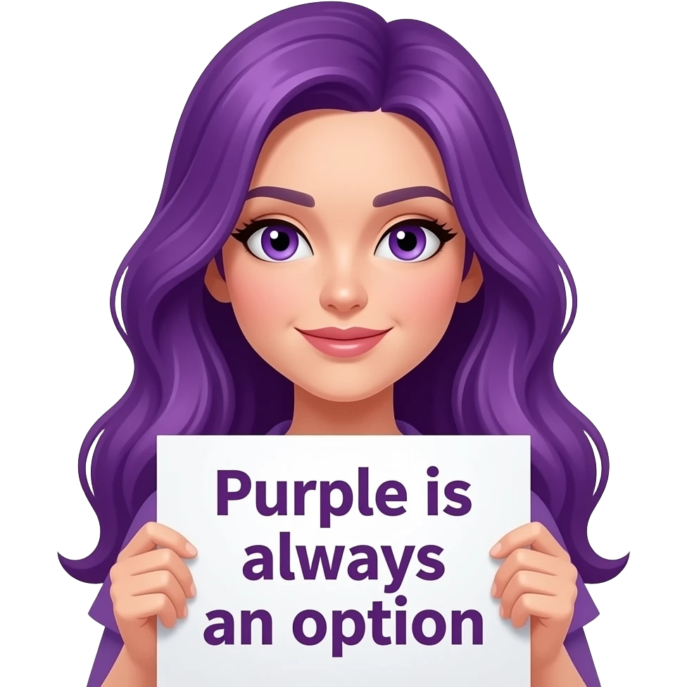 sexy girl with long purple hair and purple eyes holding a -PURPLE- is always an option sign emoji
