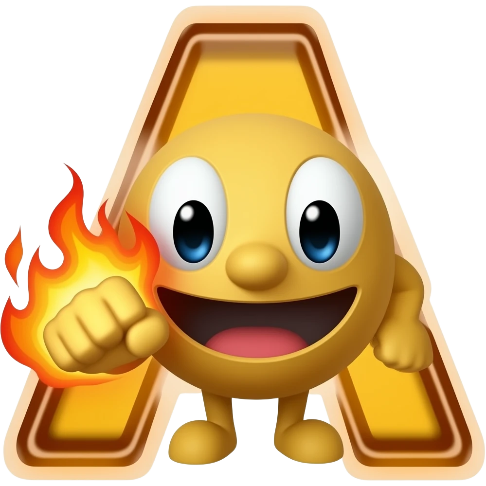 Traditional PAC man with no eyes with flames arm punching with a boxing the letter A in flames emoji