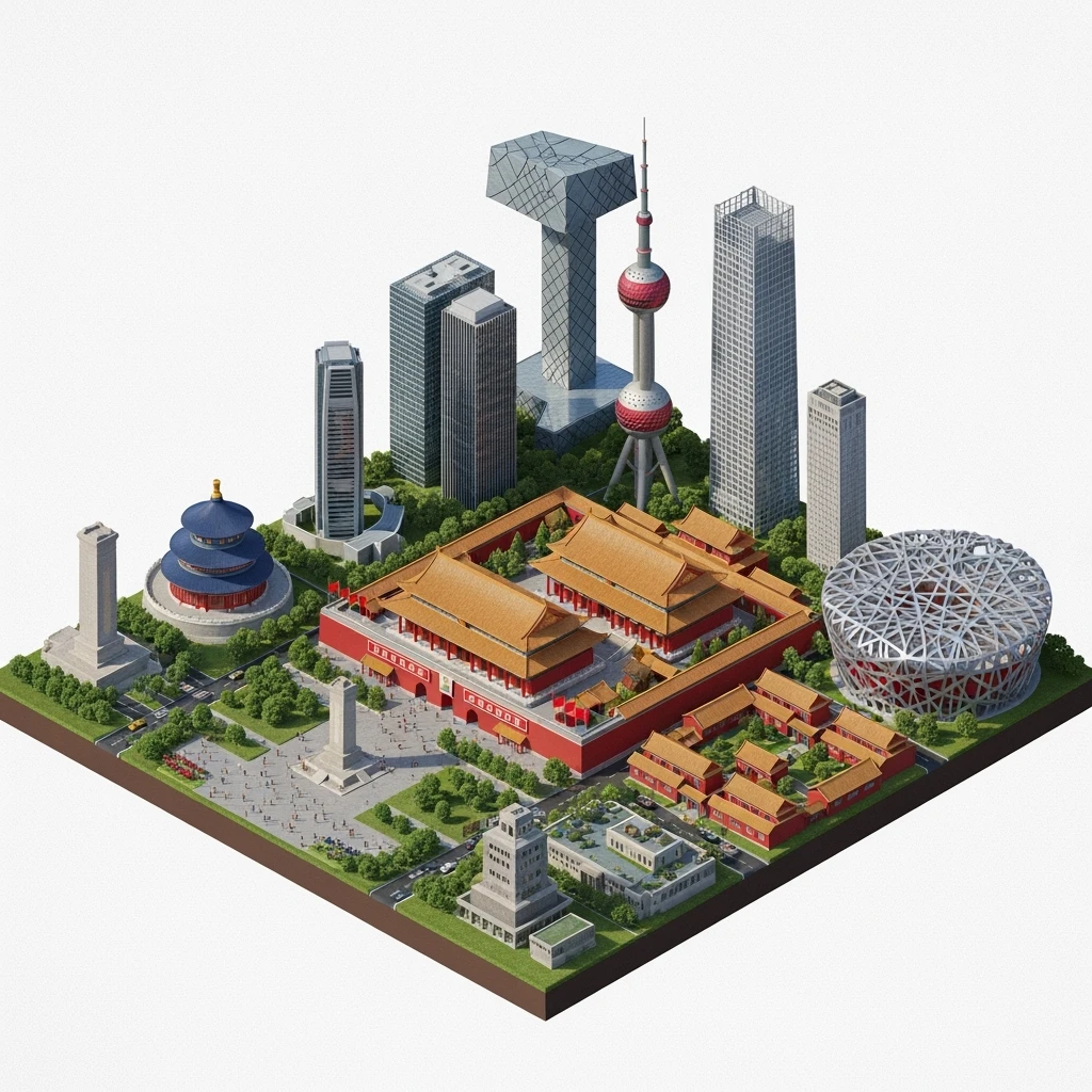 Isometric miniature of Beijing Forbidden City, Tiananmen Square, CCTV Headquarters, Temple of Heaven, China Zun skyscraper, Bird’s Nest Stadium, Beijing apartment blocks, 3D miniature effect and Tilt Shift effect, no cartoonish look, transparent background, don't cut angles emoji